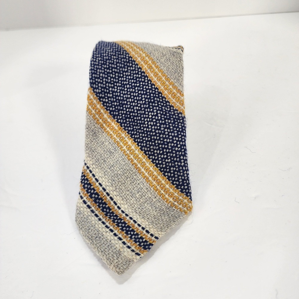 Churchill Handwoven Men Tie Navy Blue Grey Yellow Striped Textured Woven 54 Inch